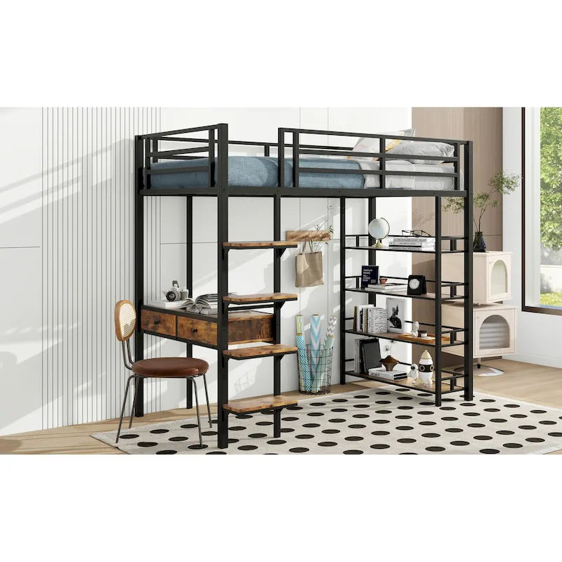 Twin Size Metal Loft bed with Desk and Shelves