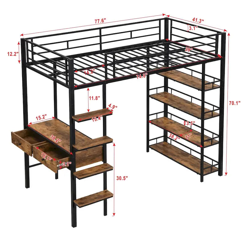 Twin Size Metal Loft bed with Desk and Shelves