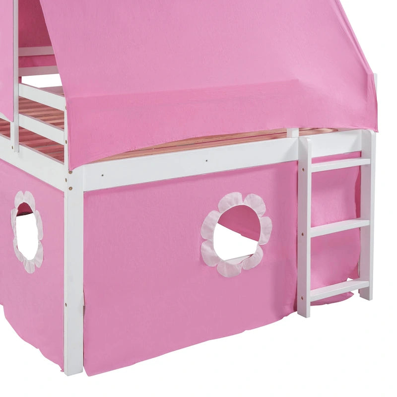 Full Size Loft Bed with Slide Pink Tent and Tower