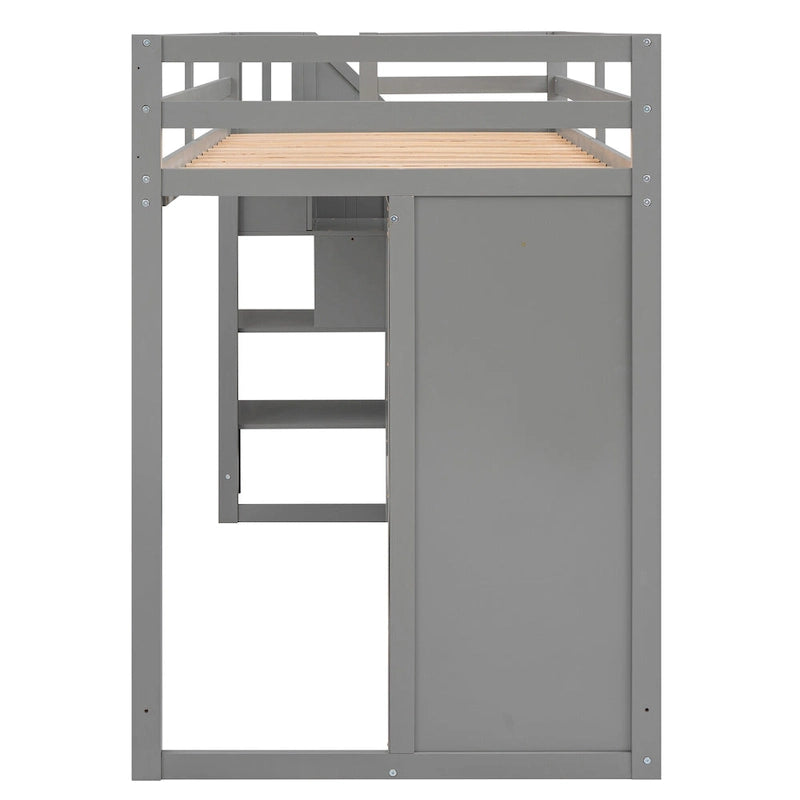 Functional Loft Bed w/3 Shelves,2 Wardrobes,2 Drawers,Storage Ladder