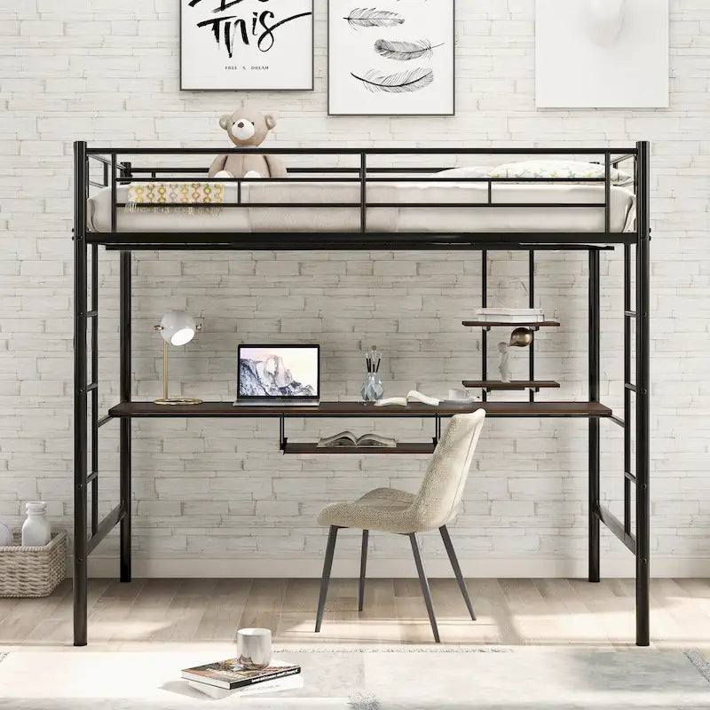 Loft Bed Full Size w/Desk, Storage Shelves, Ladders Full Bed Frame