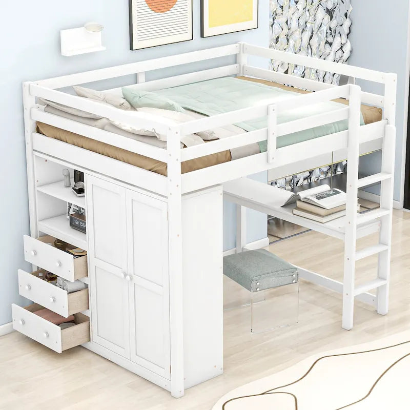 Wood Full Size Loft Bed w/Built-in Wardrobe, Desk, Storage Shelves
