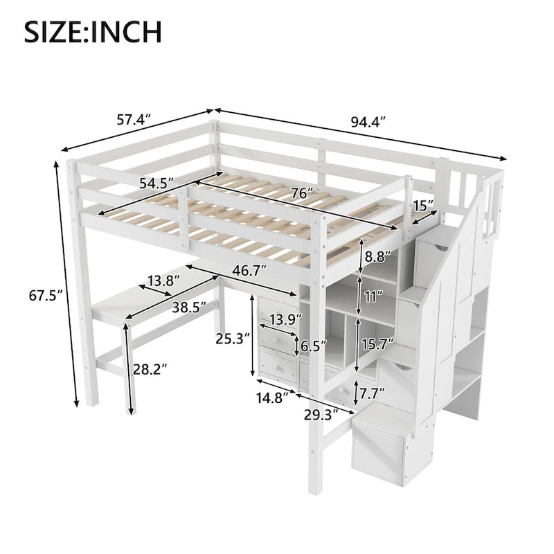 Full Size Loft Bed with L-Shaped Desk and Drawers, Cabinet and Storage Staircase, Gray