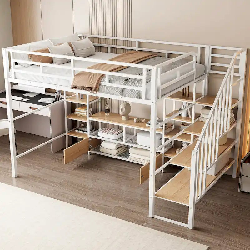 Full Size Metal Loft Bed with Staircase, Low Storage Table and Storage Shelves, Black