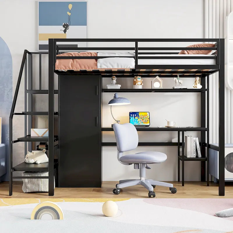 Twin Loft Bed with Desk & Storage Shelf, Full Guardrails Metal Kids Loft Bed with Storage Staircase & Wardrobe for Kids, Teens