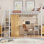 Twin Loft Bed with Desk & Storage Shelf, Full Guardrails Metal Kids Loft Bed with Storage Staircase & Wardrobe for Kids, Teens