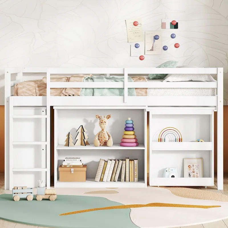 Twin Size Kids Low Loft Bed with Storage Drawer & Pull-Out Desk, Dorms Wood Bed Frame Space-Saving with Safety Guardrail