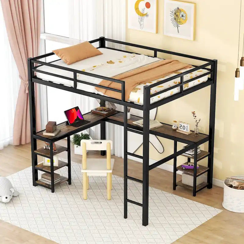 Full Size Metal Loft Bed with Vintage Wood-colored Desk