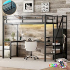 Letto a soppalco nero in metallo, misura Twin XL, con scrittoio a L, USB, armadio e ripiano regolabile