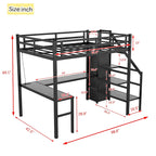 Black Twin XL Size Metal Loft Bed with L-shaped Desk, USB, Wardrobe, and Adjustable Shelf