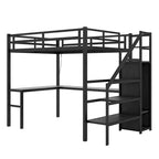 Letto a soppalco nero in metallo, misura Twin XL, con scrittoio a L, USB, armadio e ripiano regolabile
