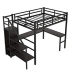 Letto a soppalco nero in metallo, misura Twin XL, con scrittoio a L, USB, armadio e ripiano regolabile