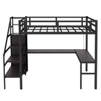Letto a soppalco nero in metallo, misura Twin XL, con scrittoio a L, USB, armadio e ripiano regolabile