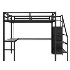 Letto a soppalco nero in metallo, misura Twin XL, con scrittoio a L, USB, armadio e ripiano regolabile