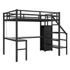 Letto a soppalco nero in metallo, misura Twin XL, con scrittoio a L, USB, armadio e ripiano regolabile