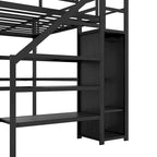 Letto a soppalco nero in metallo, misura Twin XL, con scrittoio a L, USB, armadio e ripiano regolabile