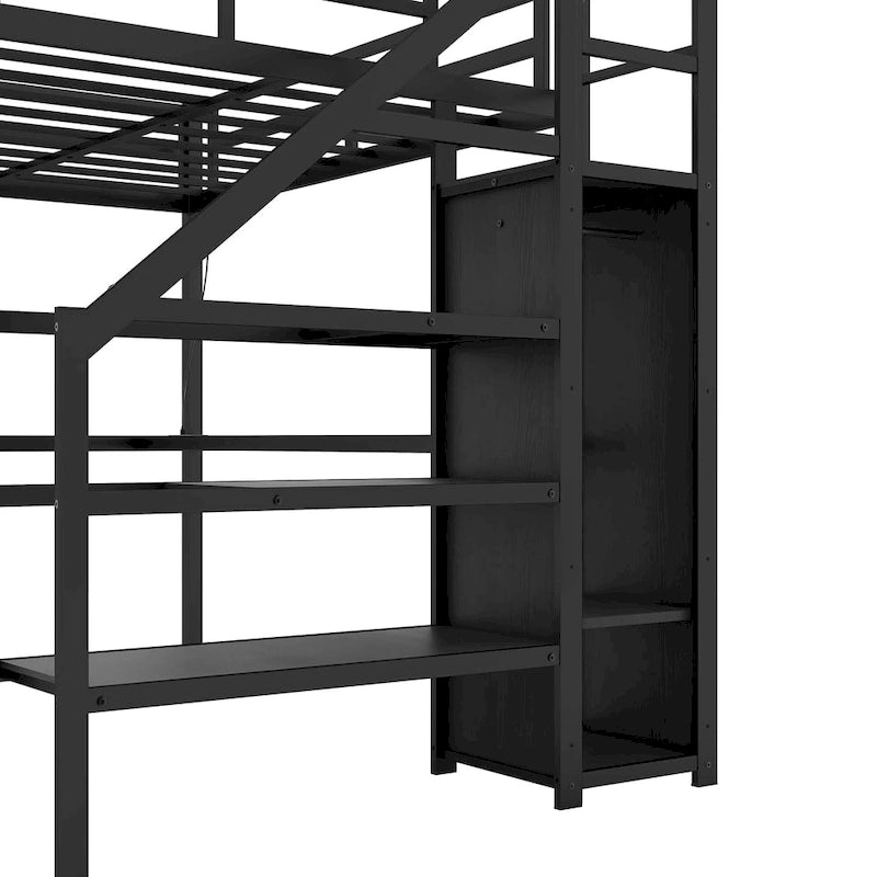 Black Twin XL Size Metal Loft Bed with L-shaped Desk, USB, Wardrobe, and Adjustable Shelf