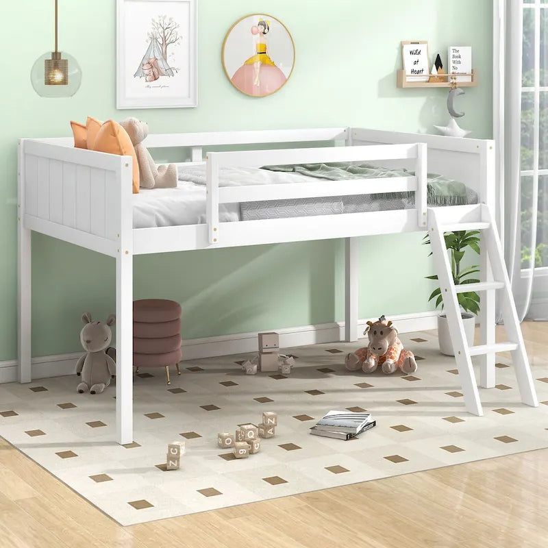 White Twin Size Solid Wood Low Loft Bed with Ladder and Fence Baffle, and Wood Slats Support for Bedroom