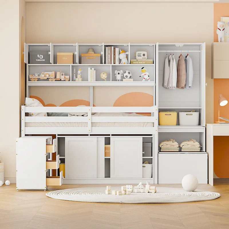 Wooden Loft Bed with Integrated Wardrobe, Under-bed Desk, Drawers, with Shelves