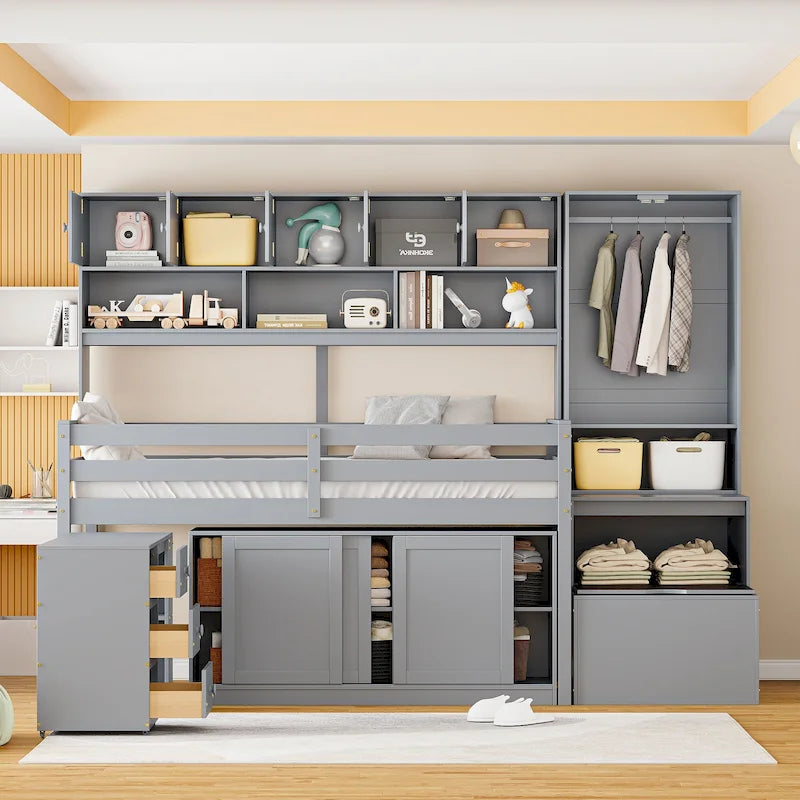 Wooden Loft Bed with Integrated Wardrobe, Under-bed Desk, Drawers, with Shelves