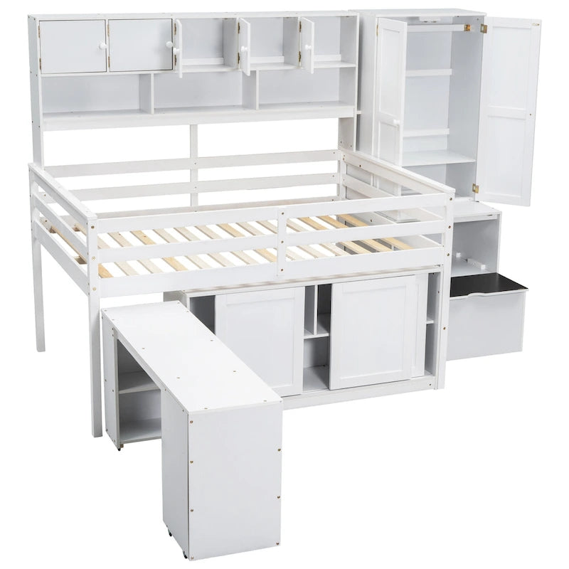 Wooden Loft Bed with Integrated Wardrobe, Under-bed Desk, Drawers, with Shelves