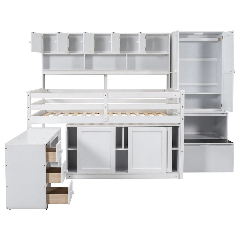 Wooden Loft Bed with Integrated Wardrobe, Under-bed Desk, Drawers, with Shelves