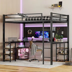 Black Full XL Size Metal Size Loft Bed with Desk and Shelves, Loft Bed with Ladder and Guardrails, Loft Bed Frame for Bedroom