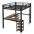 Black Full XL Size Metal Size Loft Bed with Desk and Shelves, Loft Bed with Ladder and Guardrails, Loft Bed Frame for Bedroom