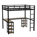 Black Full XL Size Metal Size Loft Bed with Desk and Shelves, Loft Bed with Ladder and Guardrails, Loft Bed Frame for Bedroom
