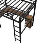 Black Full XL Size Metal Size Loft Bed with Desk and Shelves, Loft Bed with Ladder and Guardrails, Loft Bed Frame for Bedroom