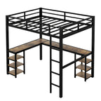 Black Full XL Size Metal Size Loft Bed with Desk and Shelves, Loft Bed with Ladder and Guardrails, Loft Bed Frame for Bedroom