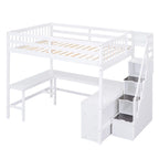 White Full Size Pine Wood Loft Bed with L-shaped Desk and Storage Staircase