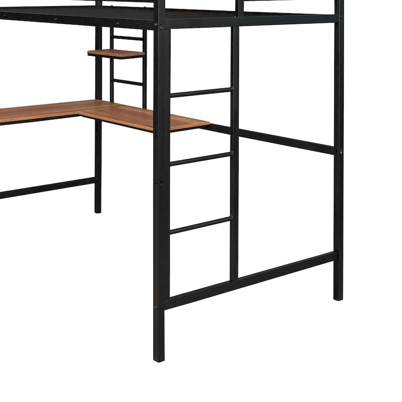 Black Twin Size Metal Loft Bed with Desk and Shelves for Kids