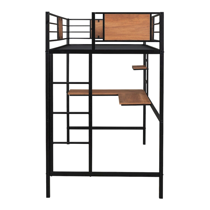 Black Twin Size Metal Loft Bed with Desk and Shelves for Kids