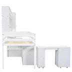 Letto a soppalco singolo in legno bianco con armadio integrato, scrivania sotto il letto, cassetti e ripiani