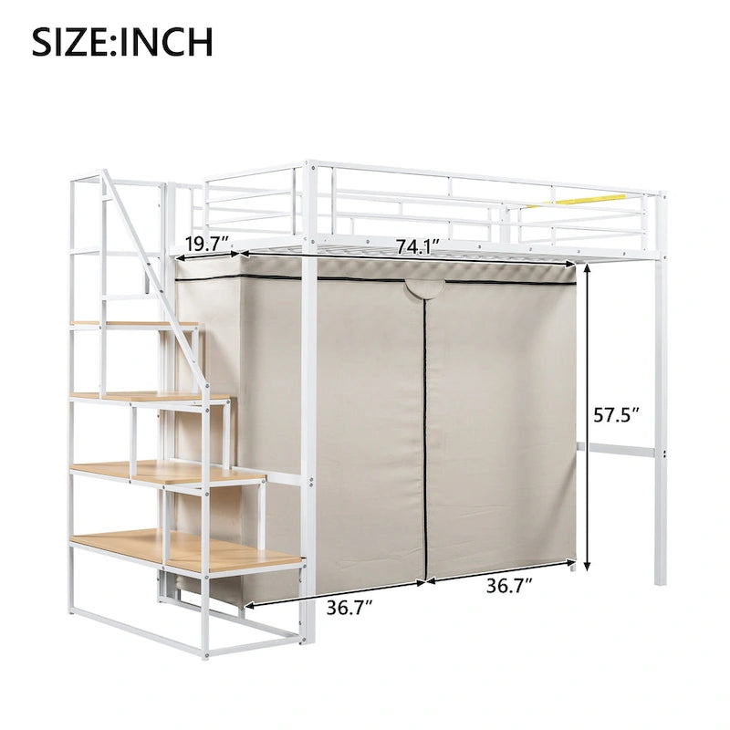 White Twin Size Metal Loft Bed with Wardrobe and Storage Shelves for Kids, Boys and Girls, Bedroom