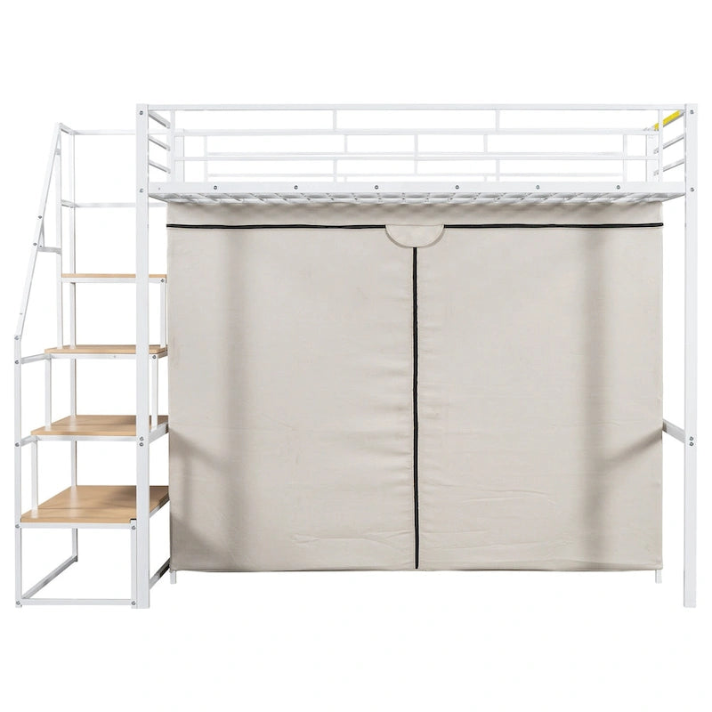White Twin Size Metal Loft Bed with Wardrobe and Storage Shelves for Kids, Boys and Girls, Bedroom