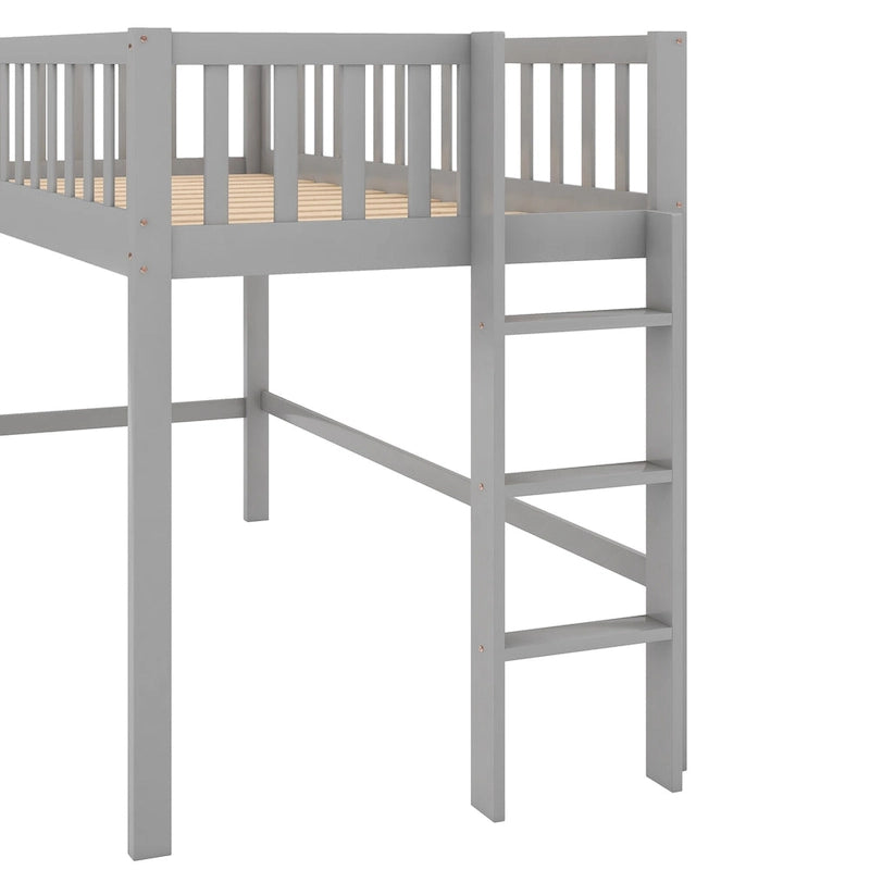 Gray Twin Size Wood Low Loft Bed with Ladder and Slide for Kids, Boys and Girls