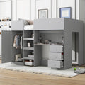Grey Full Size Solid Wood Loft Bed with Built-in Wardrobe, Desk, and Shelves