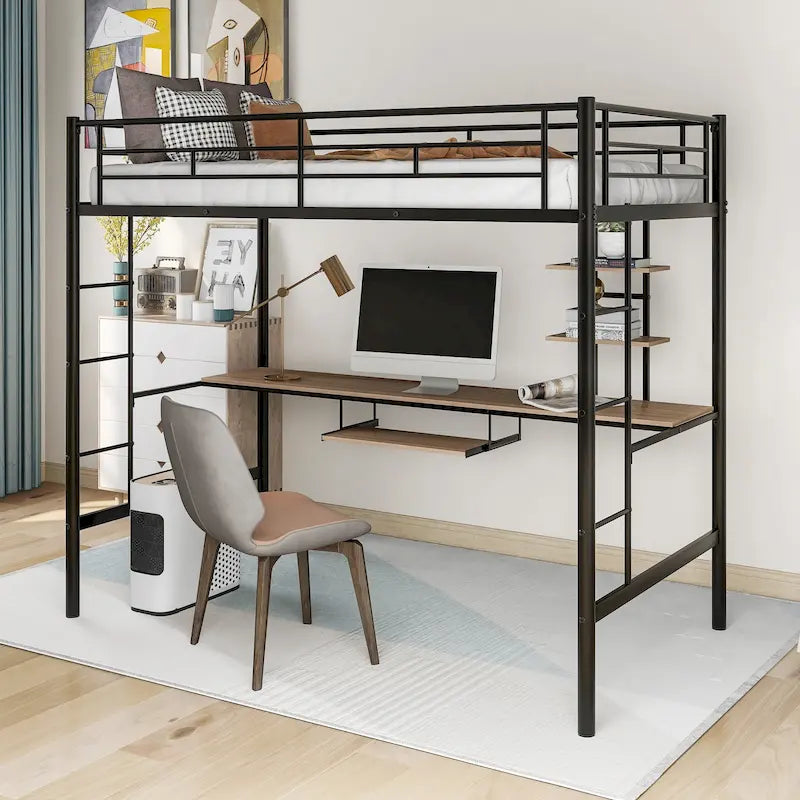 Black Twin Size Metal Loft Bed with Desk and Shelf, Space-Saving Design