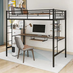 Schwarzes Metall-Hochbett in Twin-Größe mit Schreibtisch und Regal, platzsparendes Design