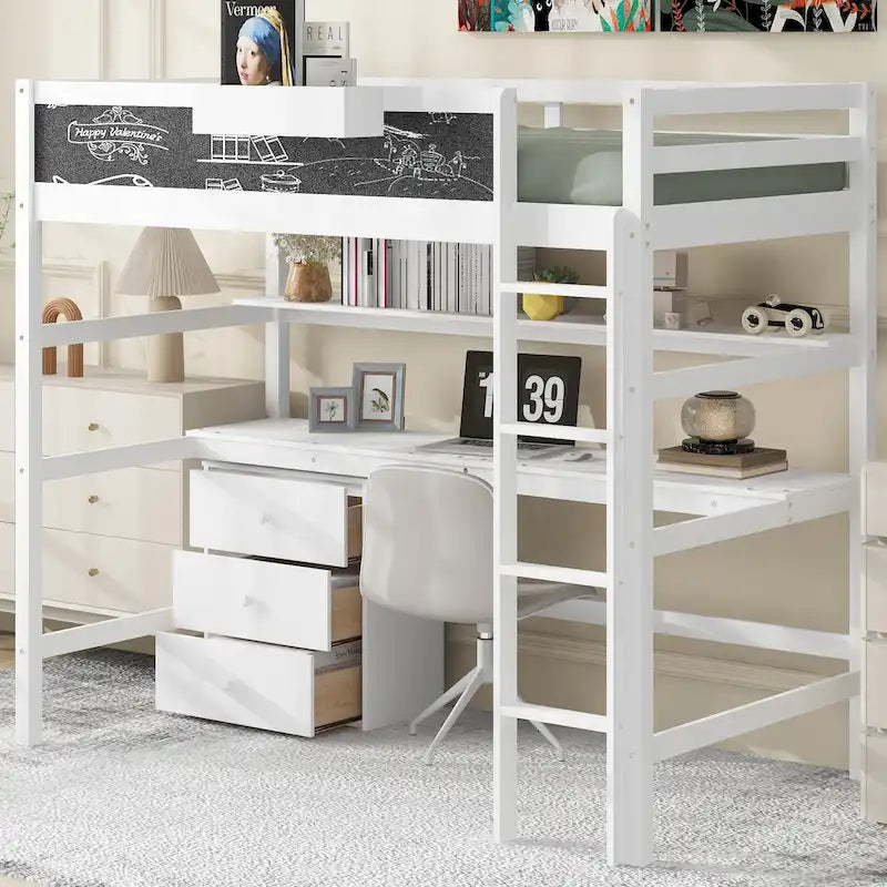 White Twin Size Solid Wood Loft Bed with Desk, Blackboard, and Storage