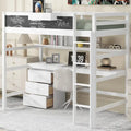 White Twin Size Solid Wood Loft Bed with Desk, Blackboard, and Storage