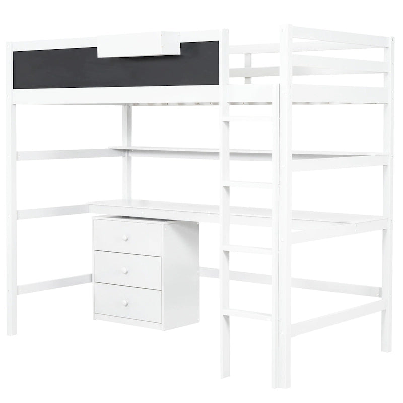 White Twin Size Solid Wood Loft Bed with Desk, Blackboard, and Storage