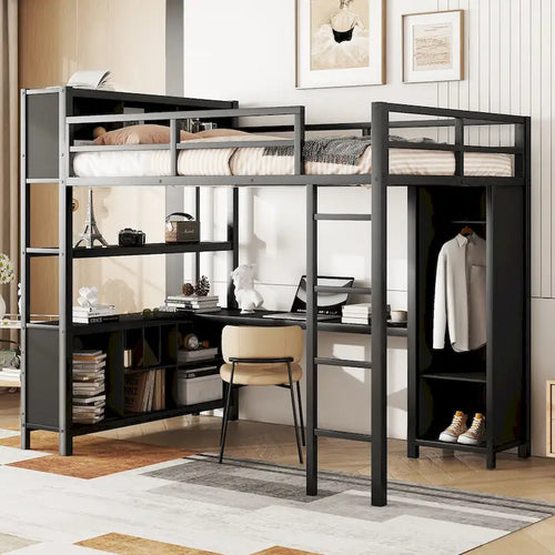 Black Full Size Metal Loft Bed with Wardrobe, L-shaped Desk, and Storage Cubes