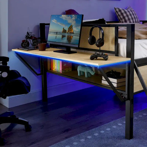 Black+Natural Full Size Metal Loft Bed with Rectangular Desk and Storage
