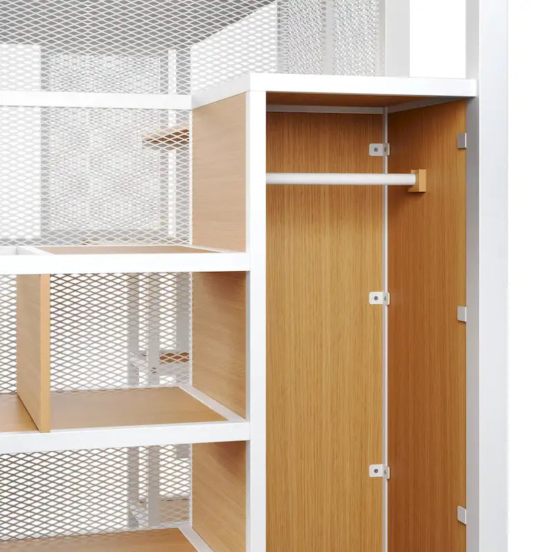 White Full Size Metal Loft Bed with Wardrobe, Desk and Storage Shelves for Bedroom