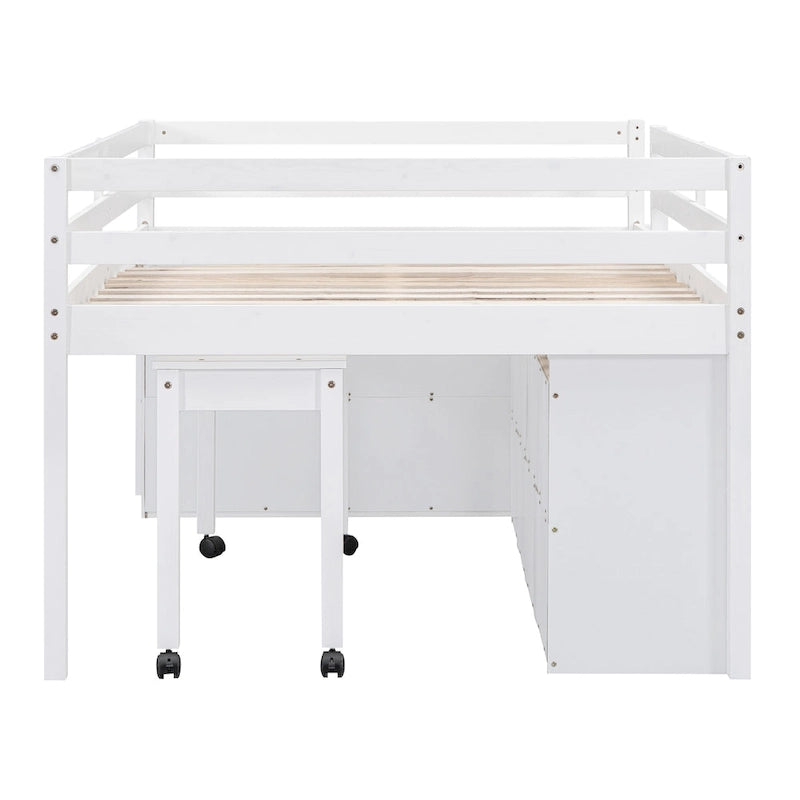 White Full Size Solid Wood Loft Bed with Retractable Desk and Drawers