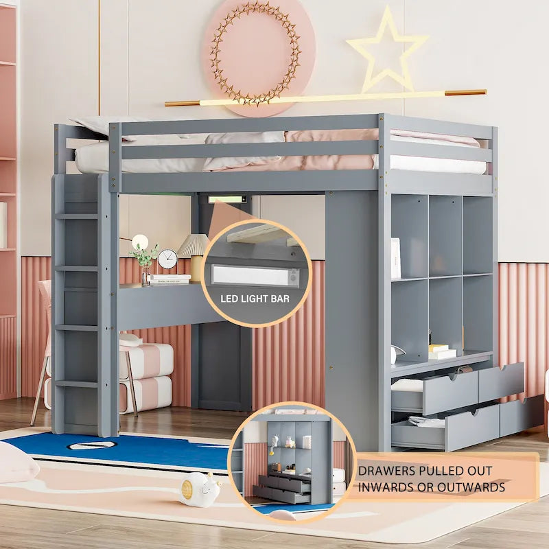 Gray Full Size Solid Wood Loft Bed with Shelves, Writing Desk, and LED Light