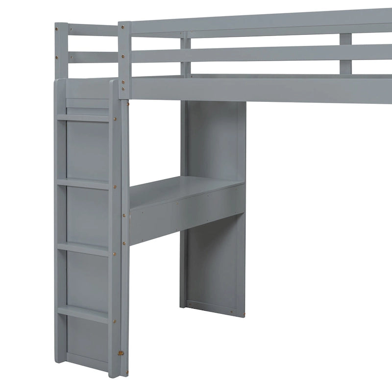 Gray Full Size Solid Wood Loft Bed with Shelves, Writing Desk, and LED Light